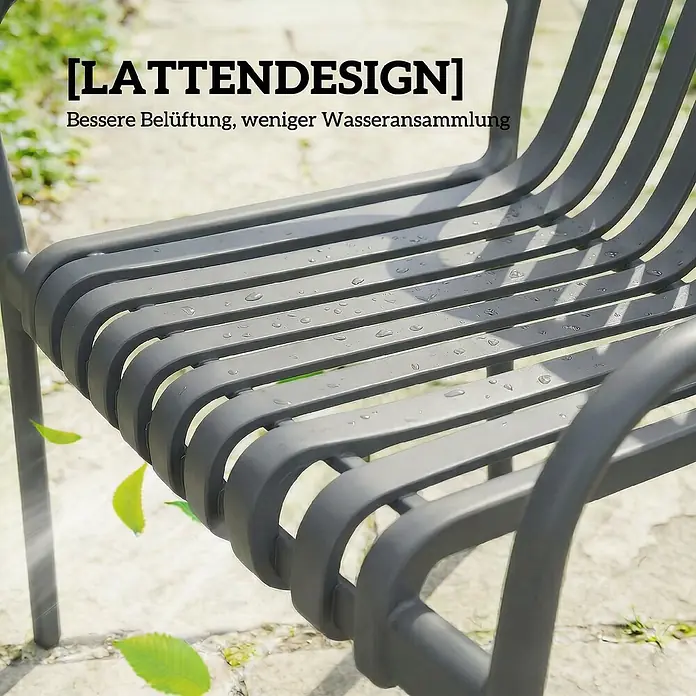 Outsunny Gartenstuhl-Set - 4 Stk., Kunststoff, Stapelbar, Dunkelgrau - Graue Lamellenstuhlfläche mit Wassertropfen, betont bessere Belüftung und geringere Wasseransammlung.