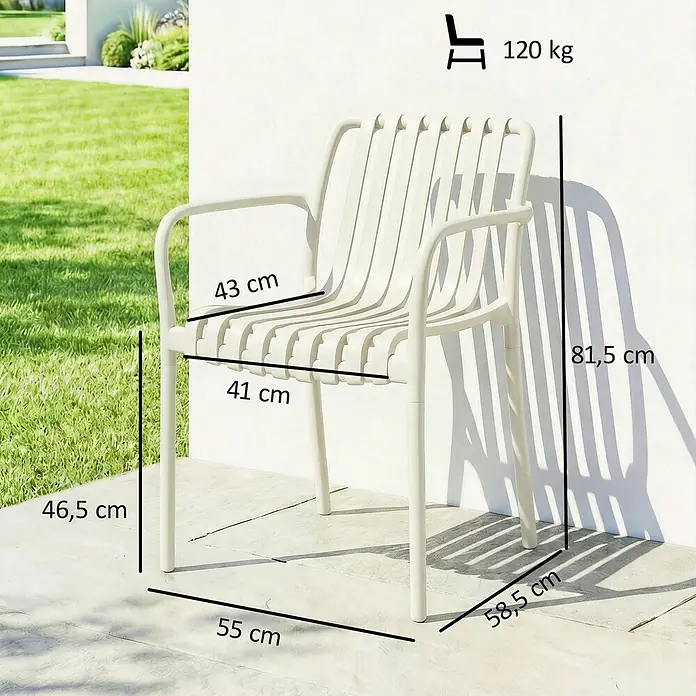 Outsunny Gartenstuhl-Set - 4 Stk., Kunststoff, Stapelbar, Cremeweiß - Cremefarbener Outdoor-Stuhl mit Lamellen, Armlehnen, Maßen und 120 kg Tragfähigkeit.