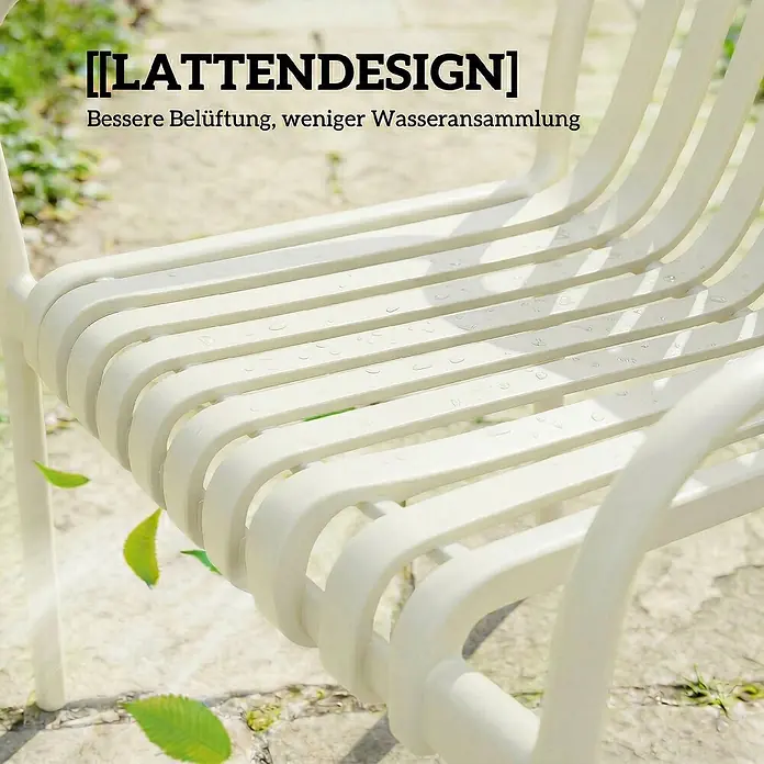 Outsunny Gartenstuhl-Set - 4 Stk., Kunststoff, Stapelbar, Cremeweiß - Heller, lattenförmiger Outdoor-Stuhl mit Wassertropfen, bietet bessere Belüftung und weniger Wasseransammlung.