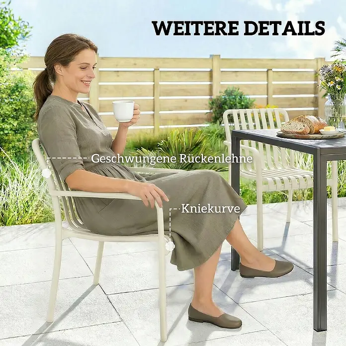 Outsunny Gartenstuhl-Set - 4 Stk., Kunststoff, Stapelbar, Cremeweiß - Frau entspannt in einem hellen Terrassenstuhl mit geschwungener Rückenlehne und Kniekurve im Garten.