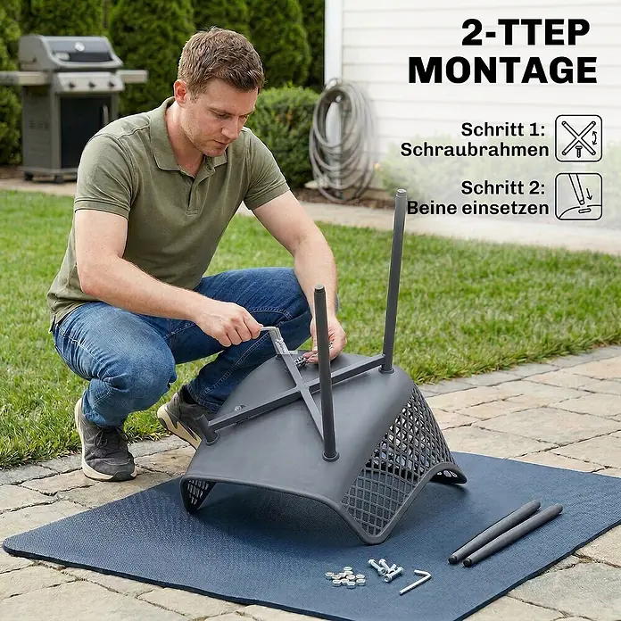 Outsunny Gartenstuhl-Set - 4 Stk., Metall, Kunststoff, Dunkelgrau - Mann montiert dunkelgrauen Outdoor-Hocker/Tisch auf blauer Matte, Schrauben werden festgezogen. Einfache 2-Schritt-Montage.