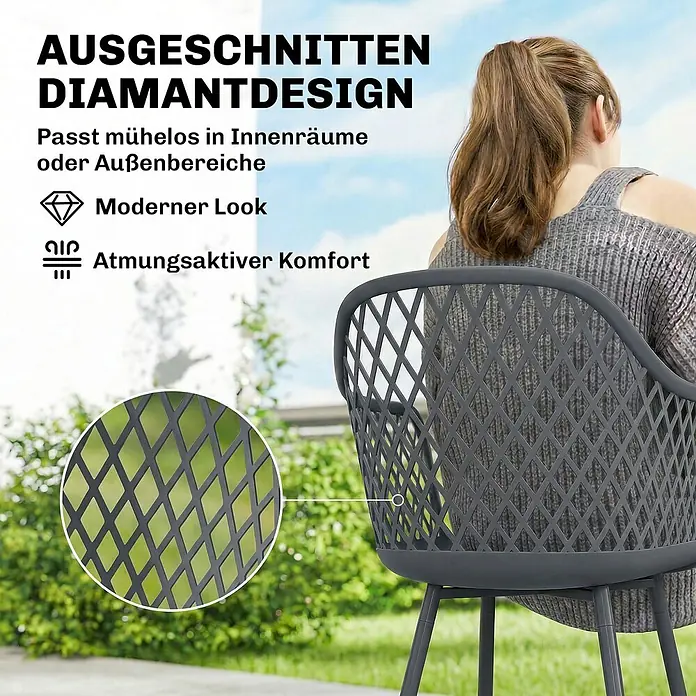 Outsunny Gartenstuhl-Set - 4 Stk., Metall, Kunststoff, Dunkelgrau - Dunkelgrauer Stuhl mit ausgeschnittener Diamantrückenlehne für modernen, atmungsaktiven Komfort. Passt in Innen- oder Außenbereiche, gezeigt mit einer sitzenden Person.