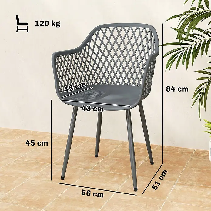 Outsunny Gartenstuhl-Set - 4 Stk., Metall, Kunststoff, Dunkelgrau - Dunkelgrauer Sessel mit Gitterlehne und Sitzfläche, Maße und 120 kg Tragfähigkeit werden angezeigt.