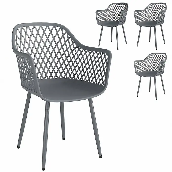 Outsunny Gartenstuhl-Set - 4 Stk., Metall, Kunststoff, Dunkelgrau - Vier graue Plastiksessel mit offener Rautenmuster-Rückenlehne und stabilen Metallbeinen.