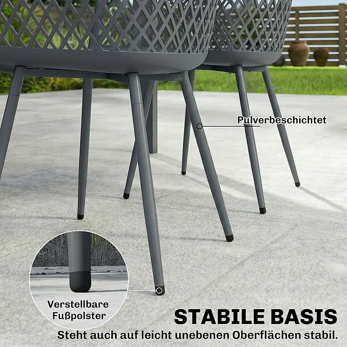 Outsunny Gartenstuhl-Set - 4 Stk., Metall, Kunststoff, Dunkelgrau - Graue Outdoor-Stühle mit pulverbeschichteten Metallbeinen und verstellbaren Füßen für Stabilität auf unebenem Untergrund.