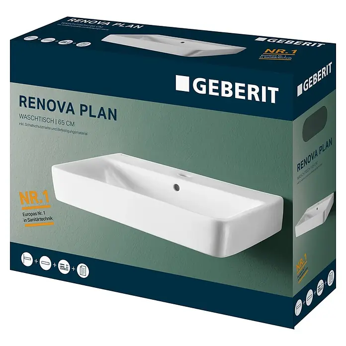 Geberit Renova Plan Waschtisch-Set - 65 x 48 cm, Ohne Spezialglasur, Hahnloch: Mitte, Mit Überlauf, Weiß - Weißes, rechteckiges Keramik-Waschbecken in dunkelblauer Verpackung mit Renova Plan Schriftzug.