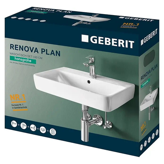 Geberit Renova Plan Waschtisch-Set - 60 x 48 cm, Ohne Spezialglasur, Hahnloch: Mitte, Mit Überlauf, Weiß, Mit Zubehör - Geberit Renova Plan Waschtisch-Set in Verpackung, mit weißem Waschbecken, Chromarmatur und Siphon.