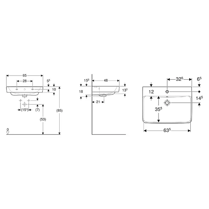 Geberit Renova Plan Waschtisch-Set - 65 x 48 cm, Ohne Spezialglasur, Hahnloch: Mitte, Mit Überlauf, Weiß - Technische Zeichnung eines Waschbeckens mit Vorder-, Seiten- und Draufsicht, inkl. Installationsmaßen.