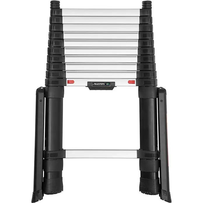 Hymer Teleskopleiter Prime Line Teleskopleiter 4,3m – Profi Anlegeleiter aus Aluminium - Anzahl Tritte: 11 Stk., Arbeitshöhe: 4.300 m, Belastbarkeit: 150 kg, Aluminium - Zusammengeklappte Teleskopleiter in Silber und Schwarz mit breiter Stabilisatorstange und dicken Füßen.