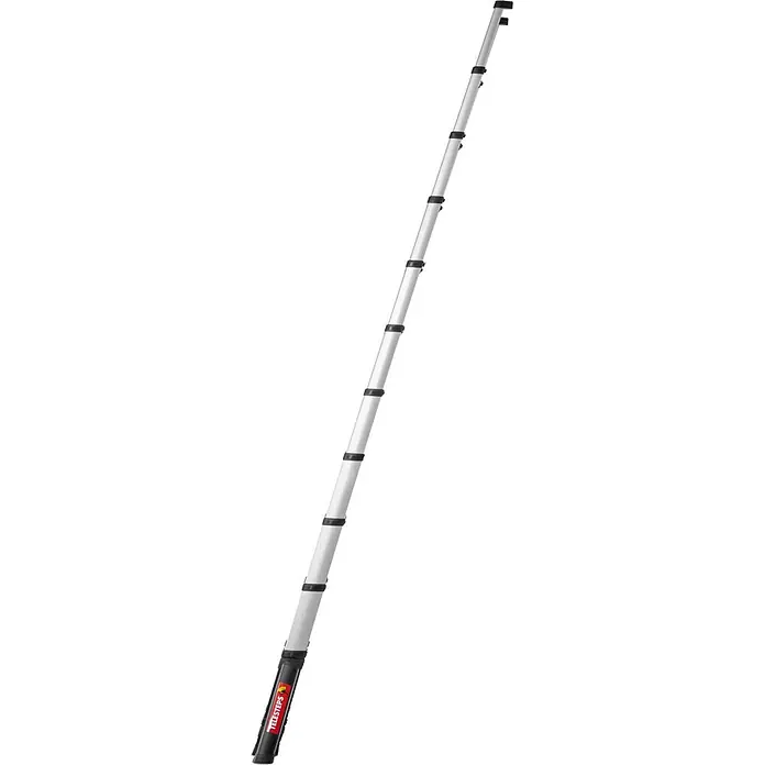 Hymer Teleskopleiter Prime Line Teleskopleiter 4,3m – Profi Anlegeleiter aus Aluminium - Anzahl Tritte: 11 Stk., Arbeitshöhe: 4.300 m, Belastbarkeit: 150 kg, Aluminium - Vollständig ausgefahrene silberne Teleskopleiter mit schwarzen Segmenten und rotem Logo am Fuß.