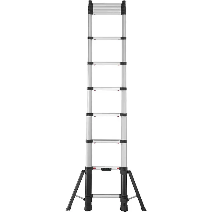 Hymer Teleskopleiter Prime Line Teleskopleiter 4,3m – Profi Anlegeleiter aus Aluminium - Anzahl Tritte: 11 Stk., Arbeitshöhe: 4.300 m, Belastbarkeit: 150 kg, Aluminium - Silberne Teleskopleiter aus Aluminium mit schwarzen Verbindungsstücken und stabilem A-Rahmen.