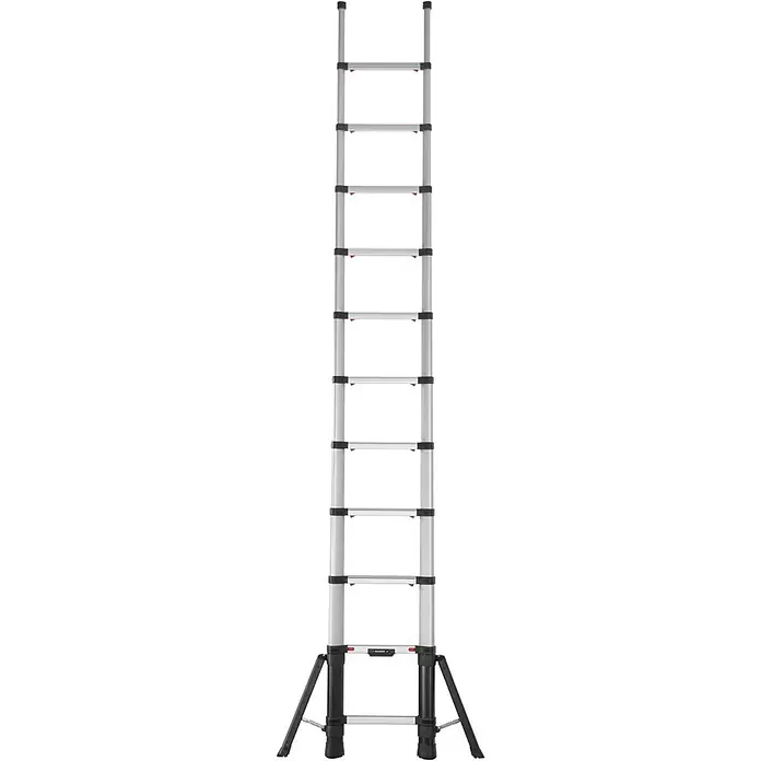 Hymer Teleskopleiter Prime Line Teleskopleiter 4,3m – Profi Anlegeleiter aus Aluminium - Anzahl Tritte: 11 Stk., Arbeitshöhe: 4.300 m, Belastbarkeit: 150 kg, Aluminium - Voll ausgefahrene silber-schwarze Teleskopleiter mit breiter stabilisierender Basis.