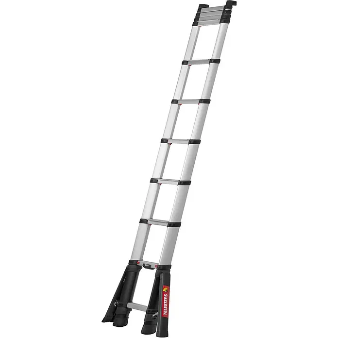Hymer Teleskopleiter Prime Line Teleskopleiter 4,3m – Profi Anlegeleiter aus Aluminium - Anzahl Tritte: 11 Stk., Arbeitshöhe: 4.300 m, Belastbarkeit: 150 kg, Aluminium - Ausgefahrene Teleskopleiter aus silbernem Aluminium mit schwarzen Stufen und Füßen, einsatzbereit.