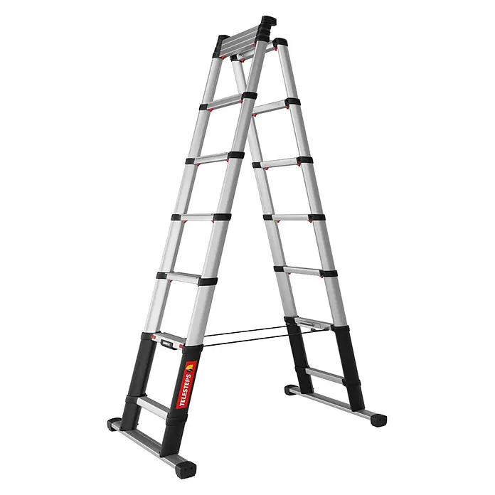 Telesteps Mehrzweckleiter Combi Line Teleskopleiter 3,8m – 3-in-1 Stehleiter, Anlegeleiter & Mehrzw - Anzahl Tritte: 9 Stk., Arbeitshöhe: 3.800 m, Belastbarkeit: 150 kg, Aluminium - Silberne Teleskop-Stehleiter aus Aluminium mit schwarzen Kunststoffteilen und roten Akzenten, einsatzbereit.