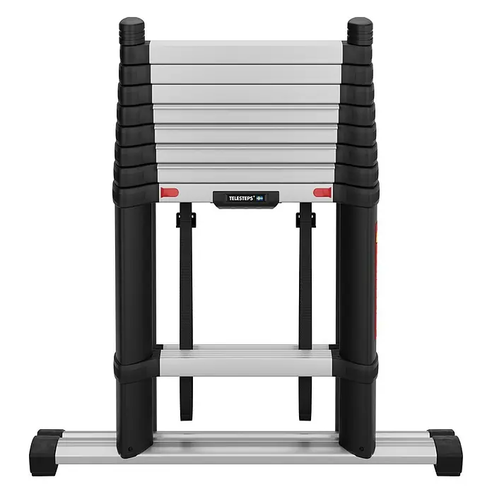 Telesteps Mehrzweckleiter Combi Line Teleskopleiter 3,8m – 3-in-1 Stehleiter, Anlegeleiter & Mehrzw - Anzahl Tritte: 9 Stk., Arbeitshöhe: 3.800 m, Belastbarkeit: 150 kg, Aluminium - Zusammengeklappte Teleskopleiter mit silbernen Sprossen und schwarzen Kunststoffteilen, mit roten Arretierungslaschen und schwarzen Gurten.