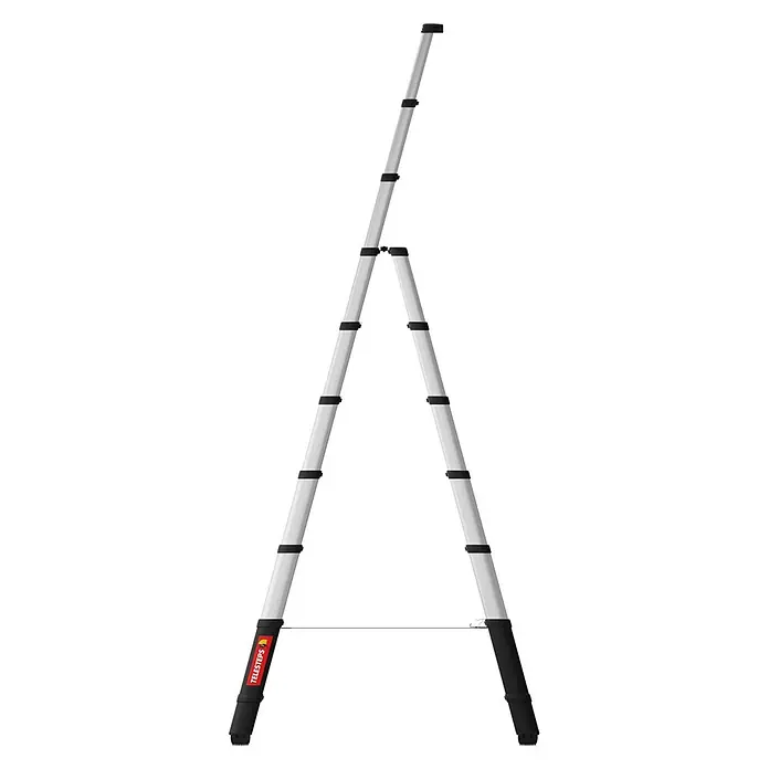 Telesteps Mehrzweckleiter Combi Line Teleskopleiter 3,8m – 3-in-1 Stehleiter, Anlegeleiter & Mehrzw - Anzahl Tritte: 9 Stk., Arbeitshöhe: 3.800 m, Belastbarkeit: 150 kg, Aluminium - Silber-schwarze Teleskop-Stehleiter, ausgeklappt und einsatzbereit.
