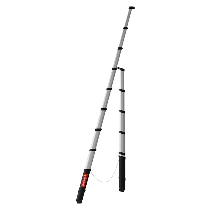 Telesteps Mehrzweckleiter Combi Line Teleskopleiter 3,8m – 3-in-1 Stehleiter, Anlegeleiter & Mehrzw - Anzahl Tritte: 9 Stk., Arbeitshöhe: 3.800 m, Belastbarkeit: 150 kg, Aluminium - Zwei silberne Teleskopleiterholme mit schwarzen Klemmbändern und Griffen, einer mit 'TELESTEPS' beschriftet, durch einen Draht verbunden.