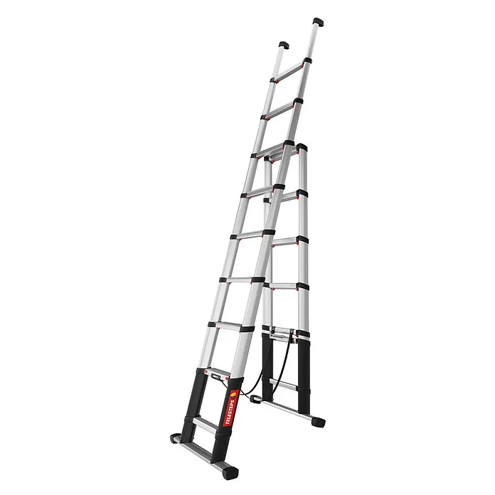 Telesteps Mehrzweckleiter Combi Line Teleskopleiter 3,8m – 3-in-1 Stehleiter, Anlegeleiter & Mehrzw - Anzahl Tritte: 9 Stk., Arbeitshöhe: 3.800 m, Belastbarkeit: 150 kg, Aluminium - Silber-schwarze Teleskop-Doppelleiter, ausgefahren und einsatzbereit.