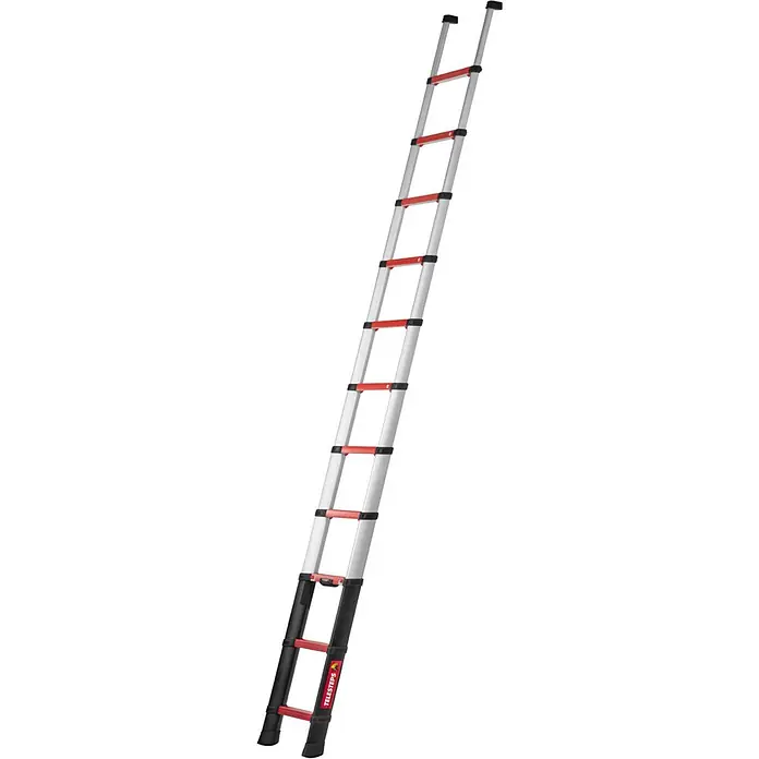 Telesteps Teleskopleiter Rescue Line Feuerwehr- & Rettungsleiter 4,1m – Teleskopleiter für 3 Pers - Anzahl Tritte: 13 Stk., Arbeitshöhe: 5.000 m, Belastbarkeit: 500 kg, Aluminium - Silber-schwarze Teleskopleiter mit roten Sprossen, voll ausgefahren.