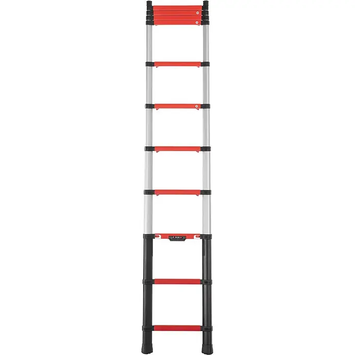 Telesteps Teleskopleiter Rescue Line Feuerwehr- & Rettungsleiter 4,1m – Teleskopleiter für 3 Pers - Anzahl Tritte: 13 Stk., Arbeitshöhe: 5.000 m, Belastbarkeit: 500 kg, Aluminium - Rote und silberne Teleskopleiter ausgefahren, mit schwarzen Sicherheitsverriegelungen und Füßen.