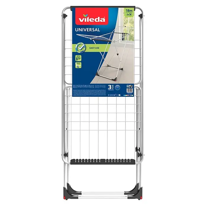 Vileda Flügel-Wäscheständer Universal - Länge Wäscheleine: 18 m, Weiß/Schwarz - Vileda Universal Wäscheständer in Weiß-Grau mit roten Akzenten, mit 18m Trockenlänge und einfacher Handhabung.
