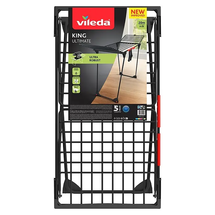 Vileda Flügel-Wäscheständer King Ultimate Black Edition - Länge Wäscheleine: 20 m, Schwarz - Verpackung eines schwarzen, robusten Vileda King Ultimate Wäscheständers, mit 20m Trockenfläche und 25kg Kapazität.