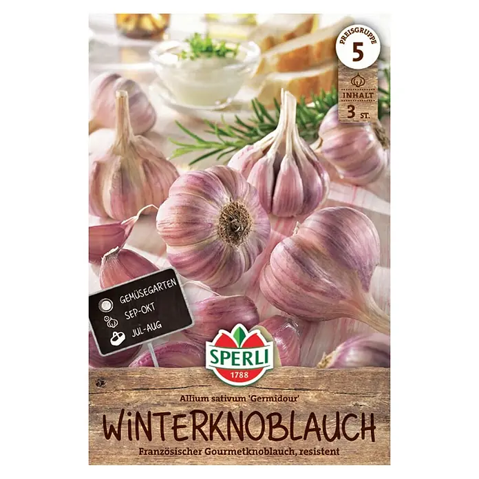 Sperli Knoblauch Germidour - Allium sativum 'Germidour' - SPERLI Winterknoblauch 'Germidour' Zwiebeln und Zehen, rosafarben, auf Produktverpackung.