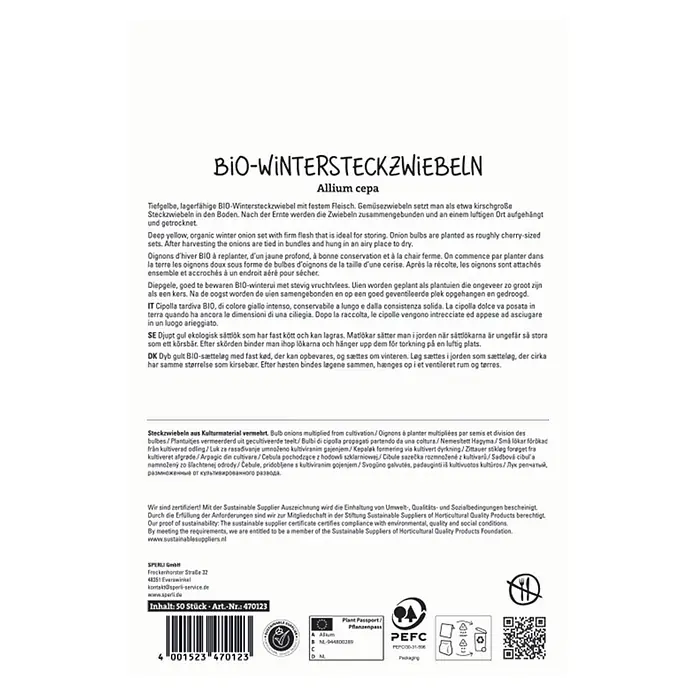 Sperli Steckzwiebeln Bio Shakespeare - Botanische Bezeichnung: Allium cepa 'Shakespeare' - Verpackung für biologische Winter-Steckzwiebeln.