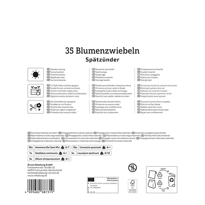 Kiepenkerl Profi-Line Blumenmischung Spätzünder - Anemone De Caen, Camassia quamash, Gladiolus communis, Leucojum aestivum, Allium atropurpureum, Topfgröße: 30 cm - Blumen Zwiebel Informationsetikett mit Details zu 35 Zwiebeln, Pflanzanleitung und Pflanzenpass.