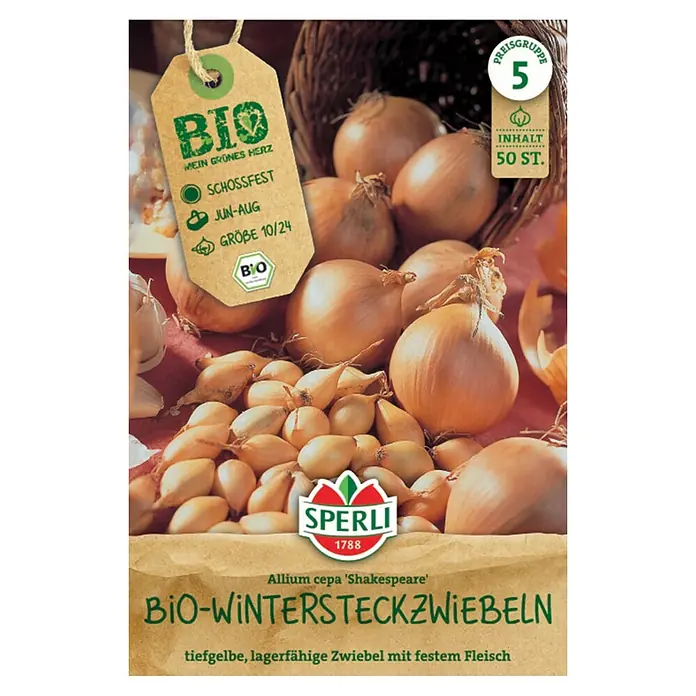Sperli Steckzwiebeln Bio Shakespeare - Botanische Bezeichnung: Allium cepa 'Shakespeare' - Packung Bio-Wintersteckzwiebeln 'Shakespeare' mit Zwiebeln.