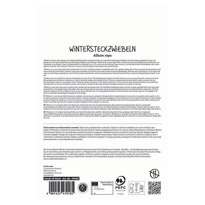 Sperli Steckzwiebeln Gelbe Wintersteckzwiebel Winteria - Allium cepa, 50 Stk. - Produktinformationsblatt für Steckzwiebeln mit Pflanzanleitung, Herstellerangaben und Qualitätssiegeln.