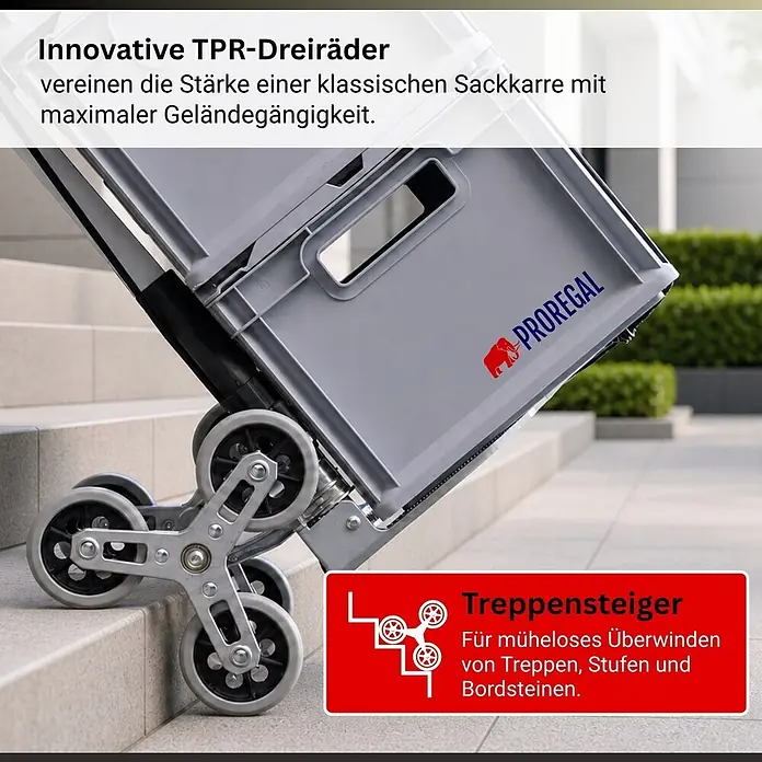 Proregal Treppen-Sackkarre ELEPHANT 80 aus Aluminium mit klappbarer Schaufel & Vollgummibereifung - Aluminium, Traglast: 80 kg - Grauer Treppensteiger-Sackkarren auf Stufen, mit sternförmigem Radmechanismus.