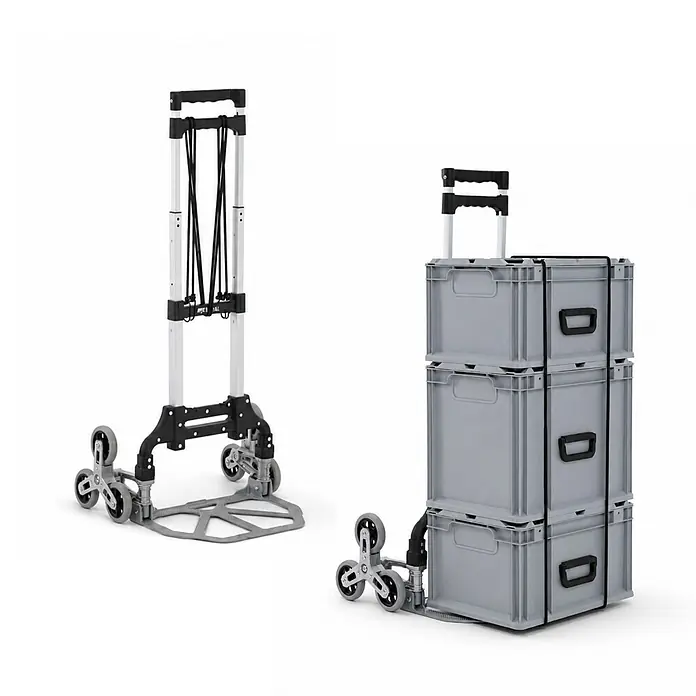 Proregal Treppen-Sackkarre ELEPHANT 80 aus Aluminium mit klappbarer Schaufel & Vollgummibereifung - Aluminium, Traglast: 80 kg - Klappbarer silbergrauer und schwarzer Sackkarren mit Treppensteigrädern, leer und mit grauen Kisten beladen.