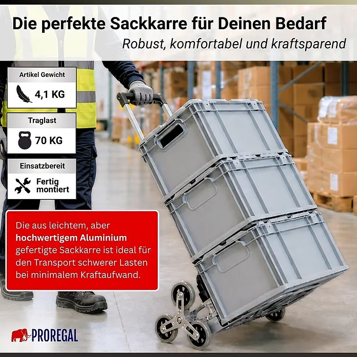 Proregal Treppen-Sackkarre ELEPHANT 80 aus Aluminium mit klappbarer Schaufel & Vollgummibereifung - Aluminium, Traglast: 80 kg - Leichte Aluminium-Sackkarre mit sternförmigen Treppensteigerrädern, beladen mit Kisten, wird von einem Arbeiter im Lager geschoben.