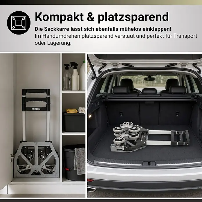 Proregal Treppen-Sackkarre ELEPHANT 80 aus Aluminium mit klappbarer Schaufel & Vollgummibereifung - Aluminium, Traglast: 80 kg - Kompakte, faltbare Sackkarre, platzsparend in einem Schrank und flach im Kofferraum eines Autos verstaut, ideal für Transport oder Lagerung.