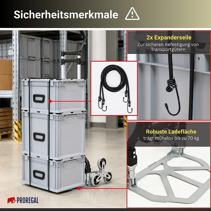 Proregal Treppen-Sackkarre ELEPHANT 80 aus Aluminium mit klappbarer Schaufel & Vollgummibereifung - Aluminium, Traglast: 80 kg - Ein schwarzer und silberner Treppensteiger mit grauen Kisten, gesichert mit Expanderseilen, in einem Lager. Er hat eine robuste Ladefläche und trägt bis zu 70 kg.
