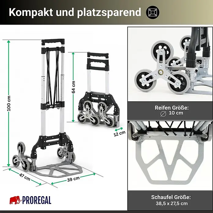 Proregal Treppen-Sackkarre ELEPHANT 80 aus Aluminium mit klappbarer Schaufel & Vollgummibereifung - Aluminium, Traglast: 80 kg - Kompakte, faltbare Sackkarre in Grau/Schwarz mit Treppensteigrädern.