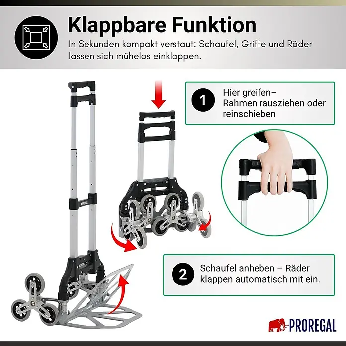Proregal Treppen-Sackkarre ELEPHANT 80 aus Aluminium mit klappbarer Schaufel & Vollgummibereifung - Aluminium, Traglast: 80 kg - Ein schwarzer und silberner klappbarer Sackkarren zeigt seinen kompakten Klappmechanismus für Griffe, Schaufel und Räder.