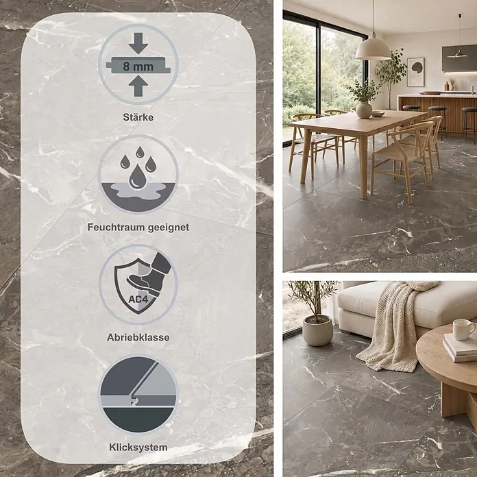 Classen Laminat Visiogrande - Emperador anthrazit, 604 x 280 x 8 mm - Dunkelgraue Fliesen in Marmoroptik im modernen Interieur, mit 8 mm Stärke, feuchtraumgeeignet, Abriebklasse AC4 und allergikerfreundlich.