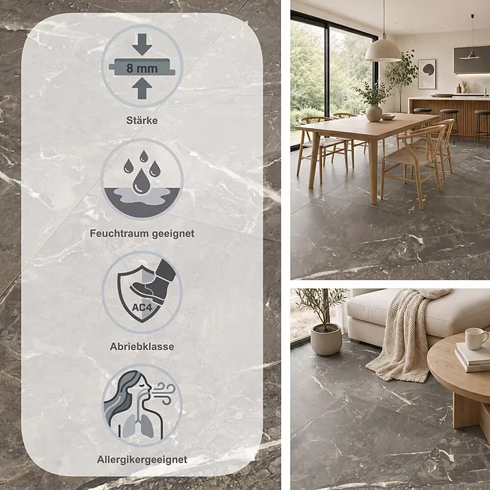 Classen Laminat Visiogrande - Emperador anthrazit, 604 x 280 x 8 mm - Dunkelgraue Fliesen in Marmoroptik im modernen Interieur, mit 8 mm Stärke, feuchtraumgeeignet, Abriebklasse AC4 und allergikerfreundlich.