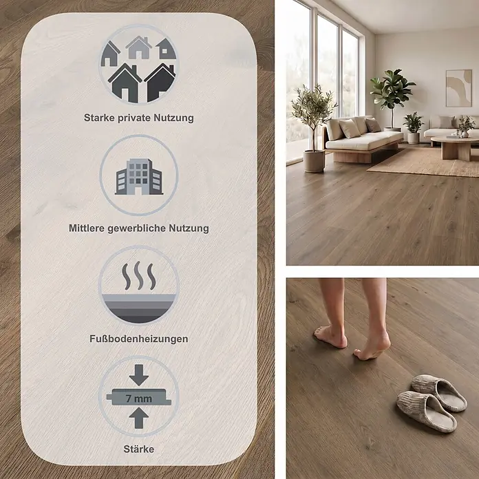 LOGOCLIC Aquaprotect Smart Silent Laminat - Ringa Oak, Landhausdiele, 1.288 x 195 x 7 mm - Laminatboden in warmer Holzoptik, für starke private und mittlere gewerbliche Nutzung, 7 mm stark, für Fußbodenheizung geeignet.