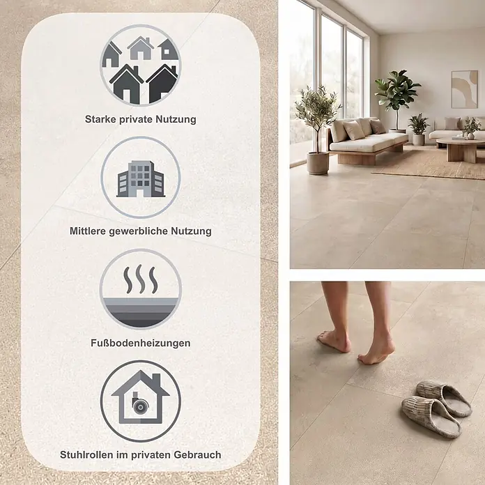 Classen Laminat Visiogrande - Sand beige, 604 x 280 x 8 mm - Helle beige Bodenfliesen für starke private, mittlere gewerbliche Nutzung, Fußbodenheizung und Stuhlrollen, im modernen Wohnzimmer gezeigt.