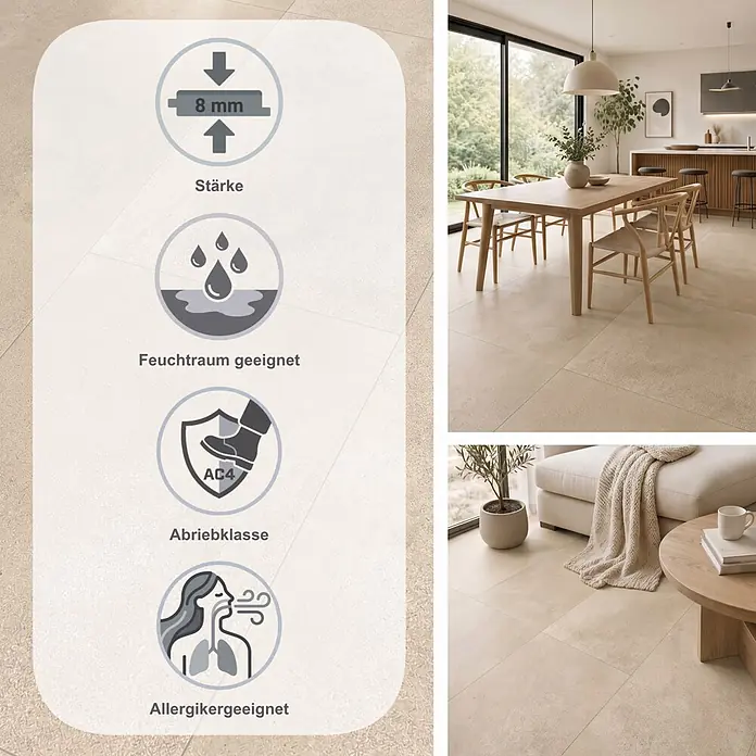 Classen Laminat Visiogrande - Sand beige, 604 x 280 x 8 mm - Helle beige strukturierte Bodenfliesen in modernen Ess- und Wohnbereichen, mit einer Infografik zu Produktmerkmalen.