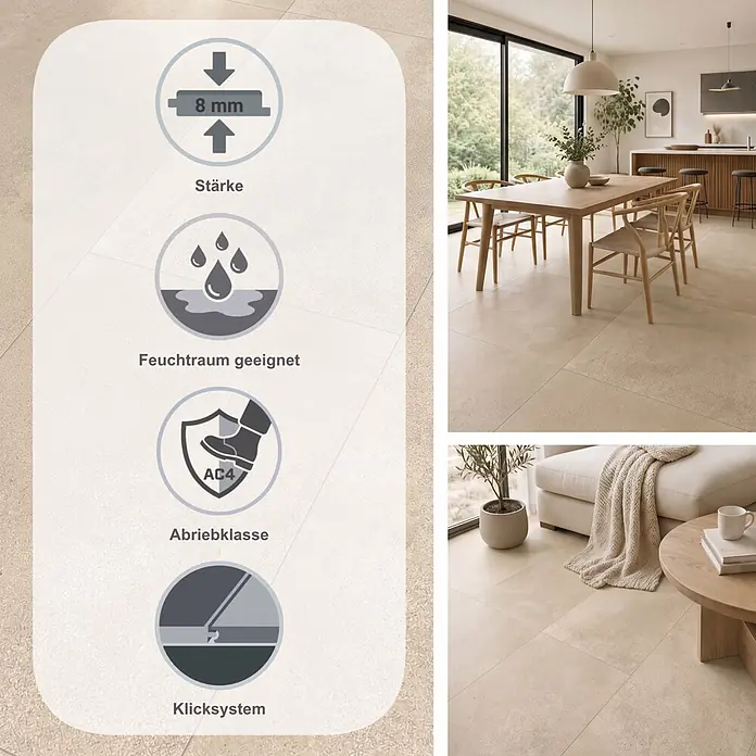 Classen Laminat Visiogrande - Sand beige, 604 x 280 x 8 mm - Helle beige strukturierte Bodenfliesen in modernen Ess- und Wohnbereichen, mit einer Infografik zu Produktmerkmalen.