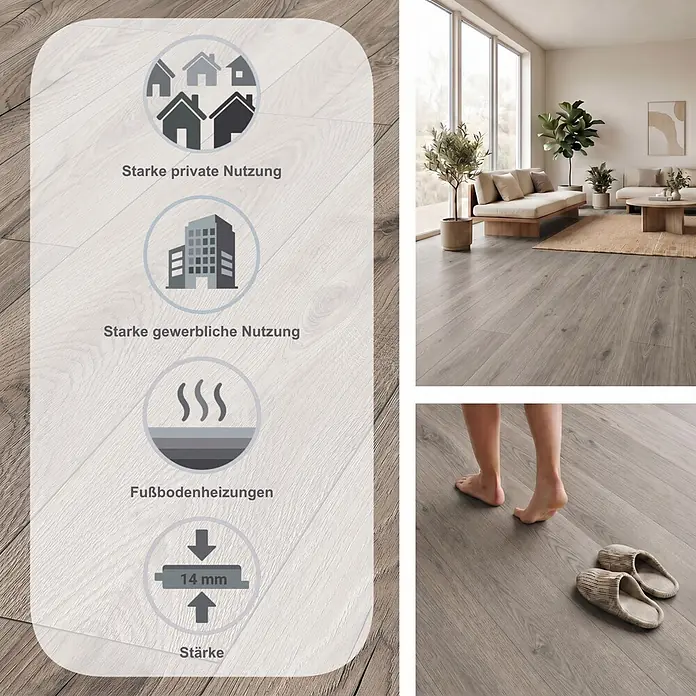 MyStyle MyDream Laminat - Rutherford Oak, Landhausdiele, 1.285 x 192 x 14 mm - Heller grau-beiger Boden in Holzoptik, im Wohnzimmer und mit Icons für starke private/gewerbliche Nutzung, Fußbodenheizung und 14 mm Stärke.