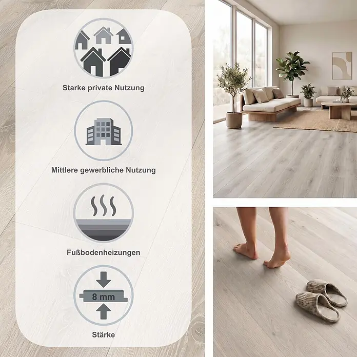 Parador Laminat Basic 600 - Eiche Askada weiß gekälkt, Landhausdiele, 1.285 x 243 x 8 mm - Helles Laminatboden in Holzoptik im Wohnzimmer, geeignet für starke private und mittlere gewerbliche Nutzung, Fußbodenheizung, 8 mm Stärke.