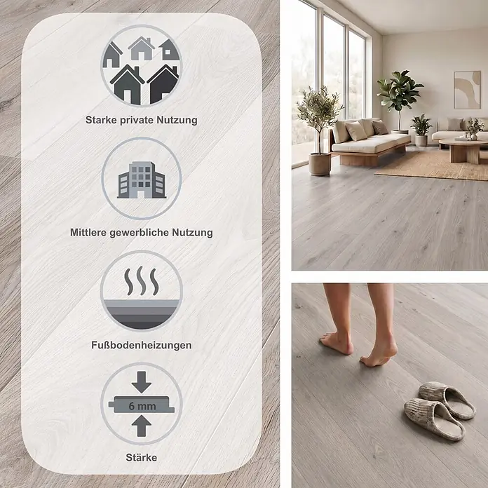 LOGOCLIC Aquaprotect Smart Laminat - Skyscraper Oak, Landhausdiele, 1.288 x 195 x 6 mm - Helle Holzoptik-Bodenbelag in modernem Wohnzimmer, geeignet für Privat- und Gewerbenutzung, Fußbodenheizung, 6mm Stärke.