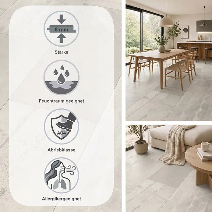 Classen Laminat Visiogrande - Modern bright, 604 x 280 x 8 mm - Helles grau-beiges Bodenfliesen-Design mit 8mm Stärke, Abriebklasse AC4, feuchtraum- & allergikergeeignet.