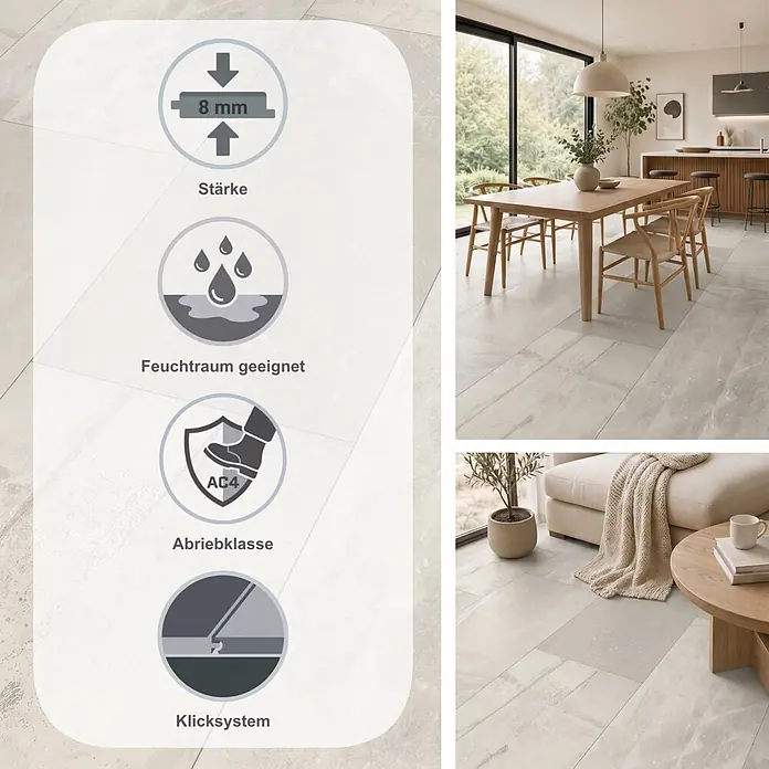 Classen Laminat Visiogrande - Modern bright, 604 x 280 x 8 mm - Helles grau-beiges Bodenfliesen-Design mit 8mm Stärke, Abriebklasse AC4, feuchtraum- & allergikergeeignet.