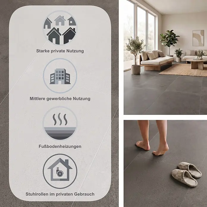 Classen Laminat Visiogrande - Concrete grey-brown, 604 x 280 x 8 mm - Dunkelgraue Bodenfliesen für private und leichte gewerbliche Nutzung, kompatibel mit Fußbodenheizung und Stuhlrollen.